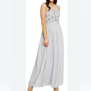 ALTAR'D STATE GREY VUSEN BEADED SEQUIN EMBELLISHED MESH MAXI DRESS Size SMALL)